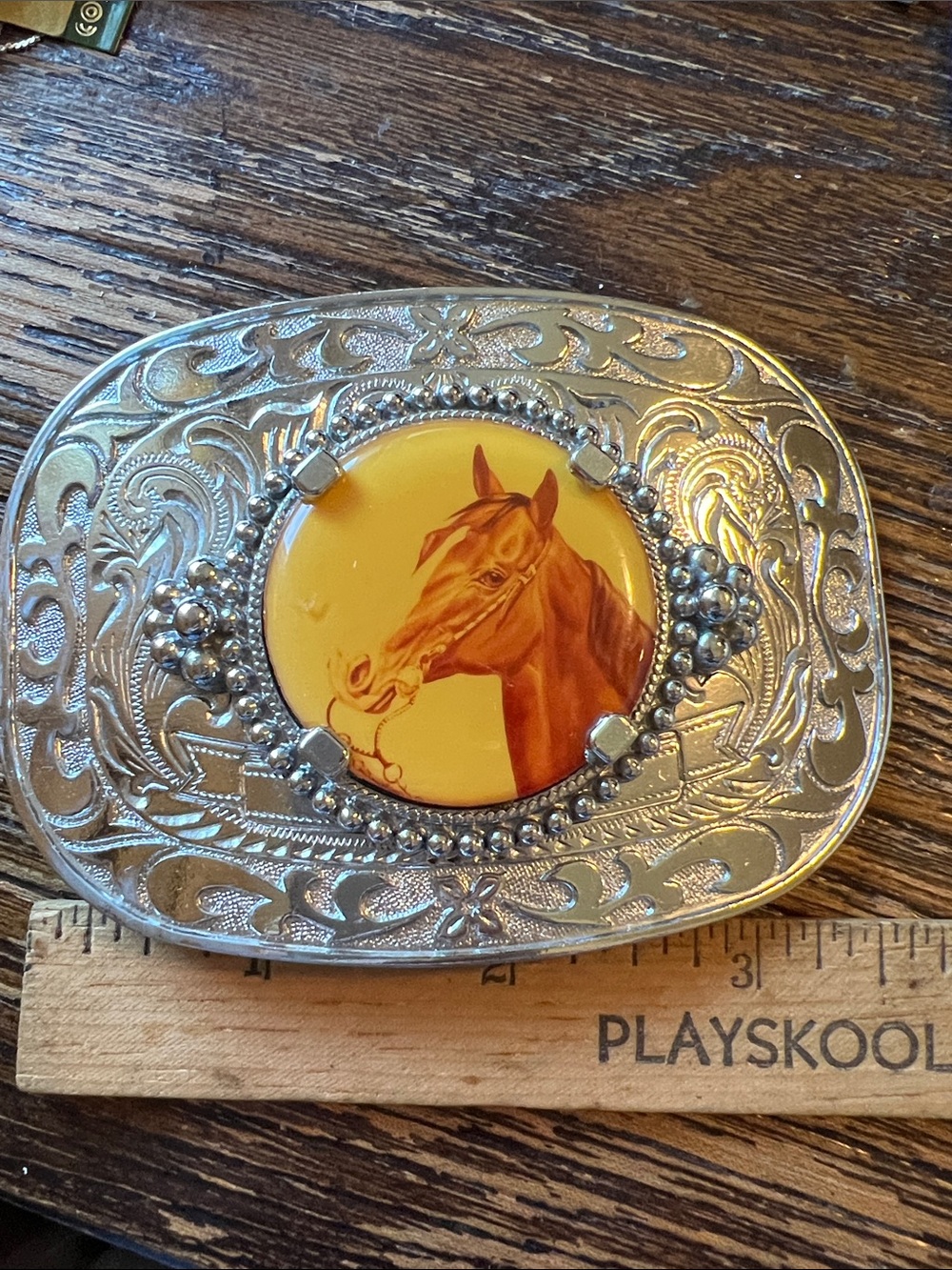 Vintage silver tone horse western belt buckle